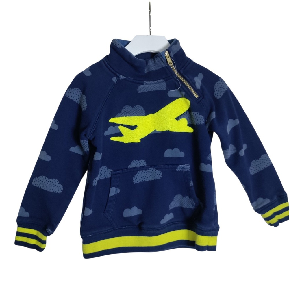 Mini Boden Boys Navy Blue Cloud Airplane Quarter Zip Sweatshirt Size 4-5Y